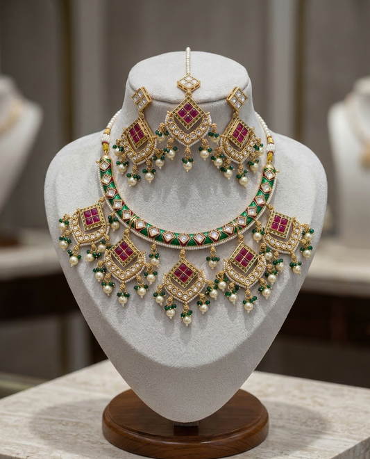 Heritage Gold-Plated Meenakari Hasli Necklace Set with Maang Tikka | Ruby & Emerald Green Accents
