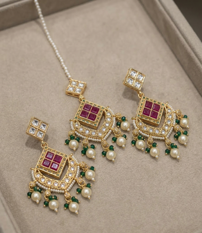 Heritage Gold-Plated Meenakari Hasli Necklace Set with Maang Tikka | Ruby & Emerald Green Accents