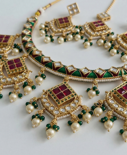 Heritage Gold-Plated Meenakari Hasli Necklace Set with Maang Tikka | Ruby & Emerald Green Accents