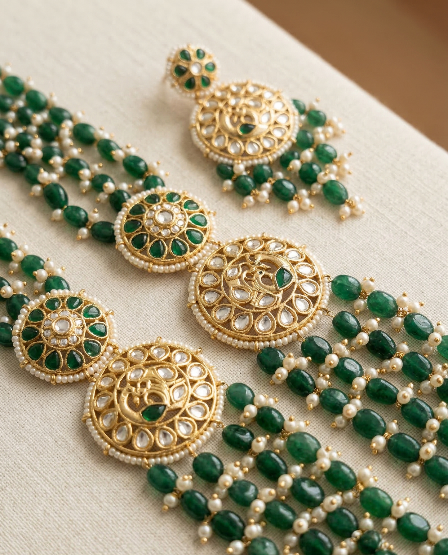 Royal Emerald Green Layered Kundan Long Necklace Set with Matching Earrings