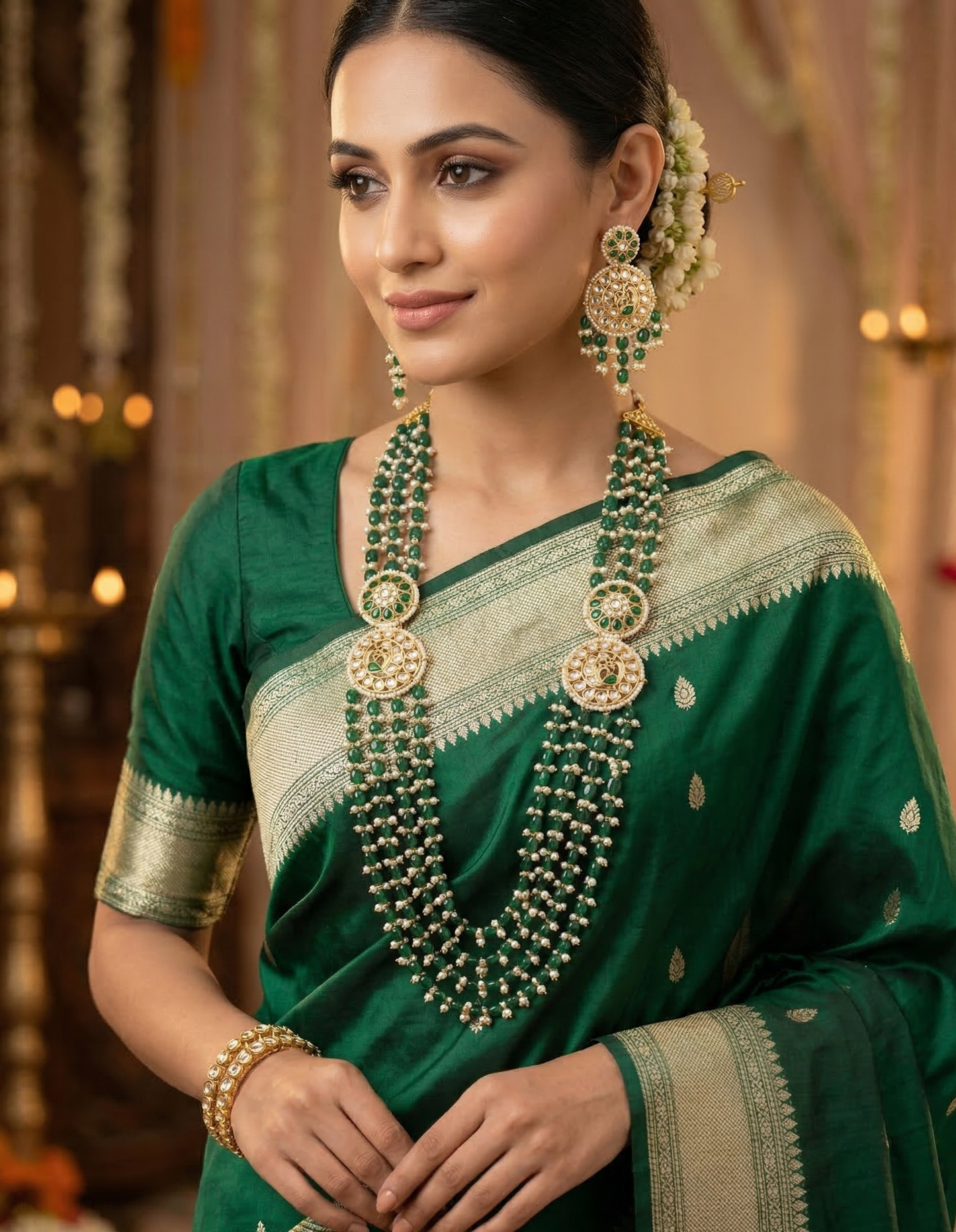 Royal Emerald Green Layered Kundan Long Necklace Set with Matching Earrings