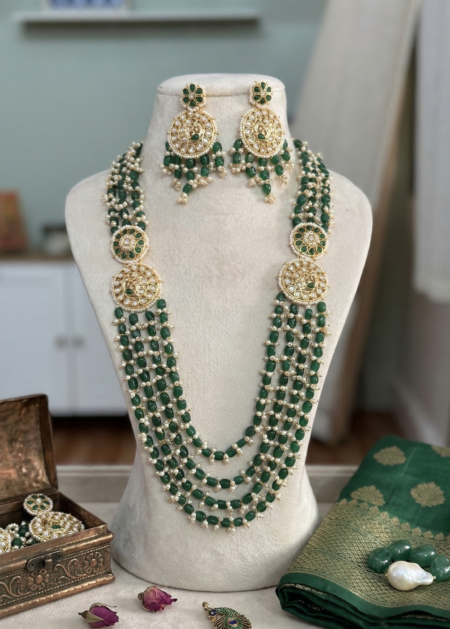 Royal Emerald Green Layered Kundan Long Necklace Set with Matching Earrings