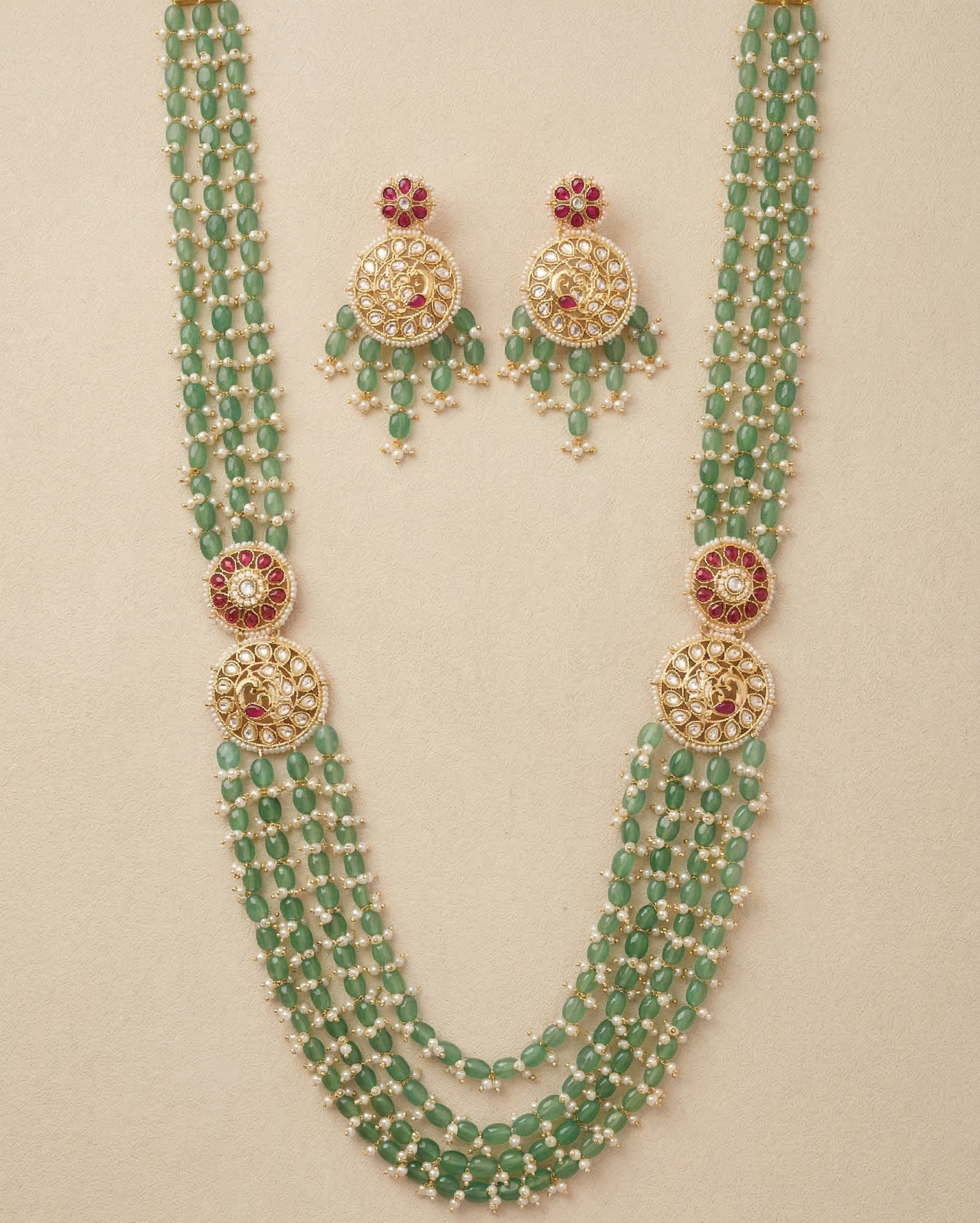 Royal Emerald Green Layered Kundan Long Necklace Set with Matching Earrings