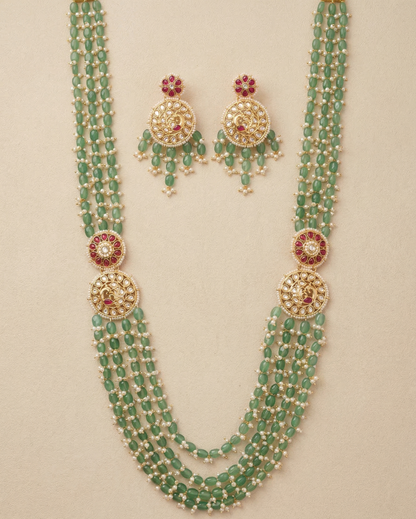 Royal Emerald Green Layered Kundan Long Necklace Set with Matching Earrings