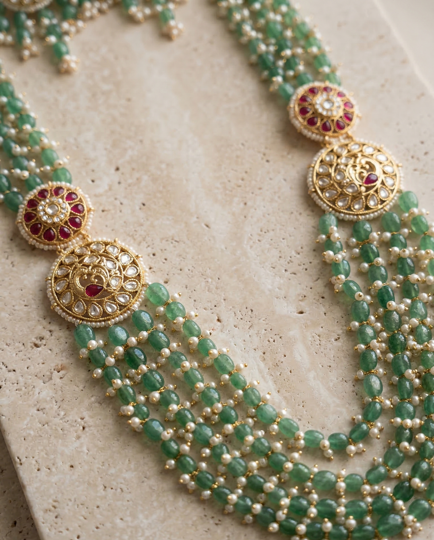 Royal Emerald Green Layered Kundan Long Necklace Set with Matching Earrings