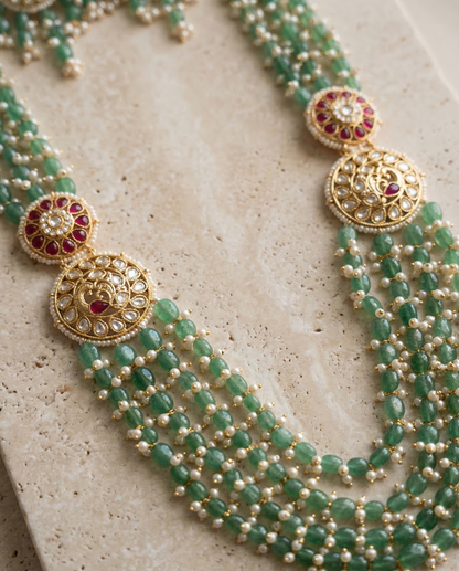 Royal Emerald Green Layered Kundan Long Necklace Set with Matching Earrings
