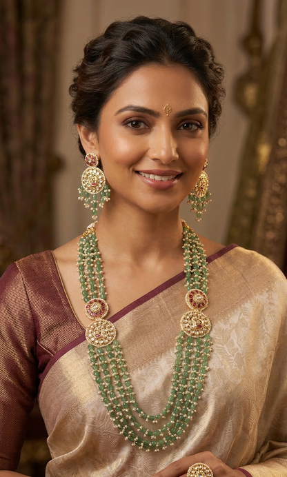 Royal Emerald Green Layered Kundan Long Necklace Set with Matching Earrings