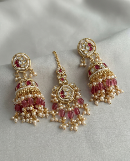 Royal Heritage Kundan & Ruby Pink Bead Semi-Bridal Necklace Set with Jhumkas and Maang Tikka