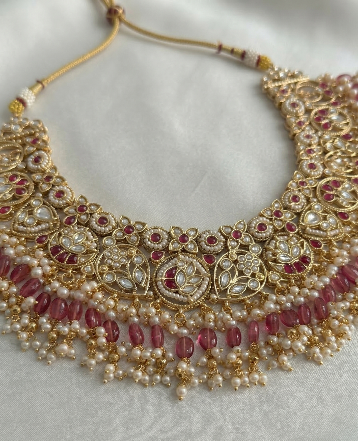 Royal Heritage Kundan & Ruby Pink Bead Semi-Bridal Necklace Set with Jhumkas and Maang Tikka