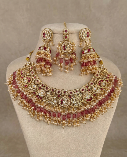 Royal Heritage Kundan & Ruby Pink Bead Semi-Bridal Necklace Set with Jhumkas and Maang Tikka