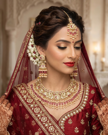 Royal Heritage Kundan & Ruby Pink Bead Semi-Bridal Necklace Set with Jhumkas and Maang Tikka