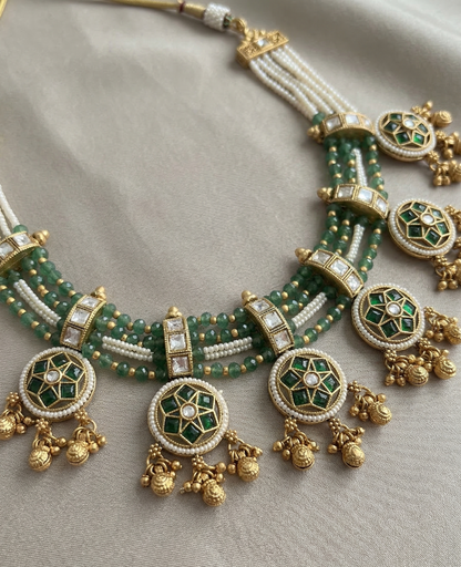 Emerald Green & Pearl Heritage Hasli-Style Necklace Set with Traditional Jhumkas