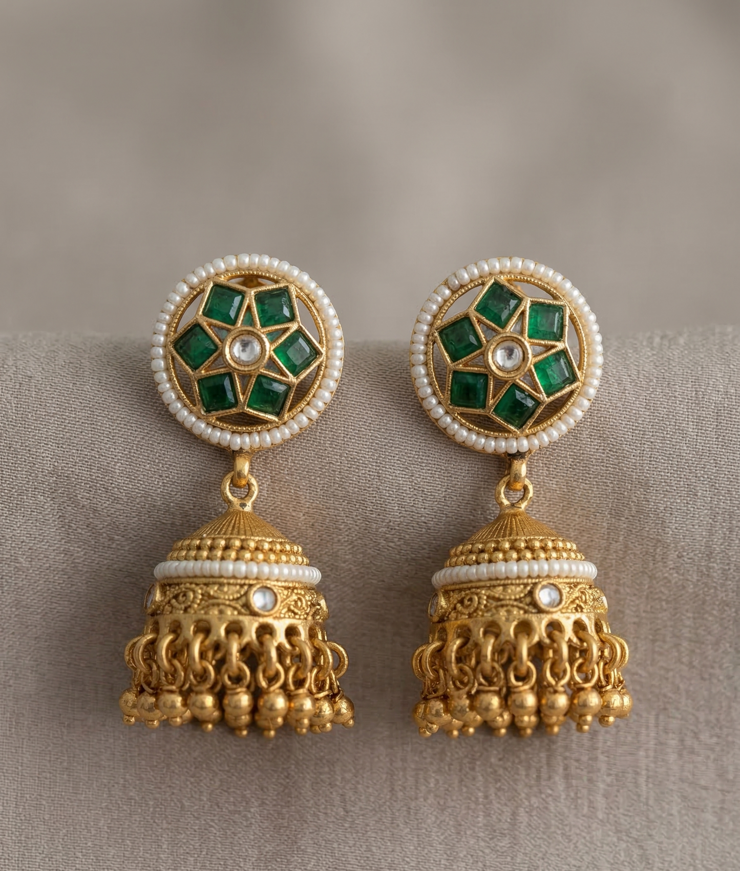 Emerald Green & Pearl Heritage Hasli-Style Necklace Set with Traditional Jhumkas