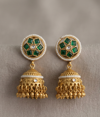 Emerald Green & Pearl Heritage Hasli-Style Necklace Set with Traditional Jhumkas