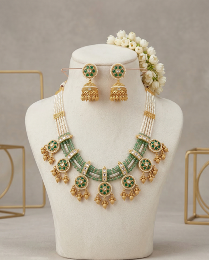 Emerald Green & Pearl Heritage Hasli-Style Necklace Set with Traditional Jhumkas