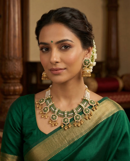 Emerald Green & Pearl Heritage Hasli-Style Necklace Set with Traditional Jhumkas