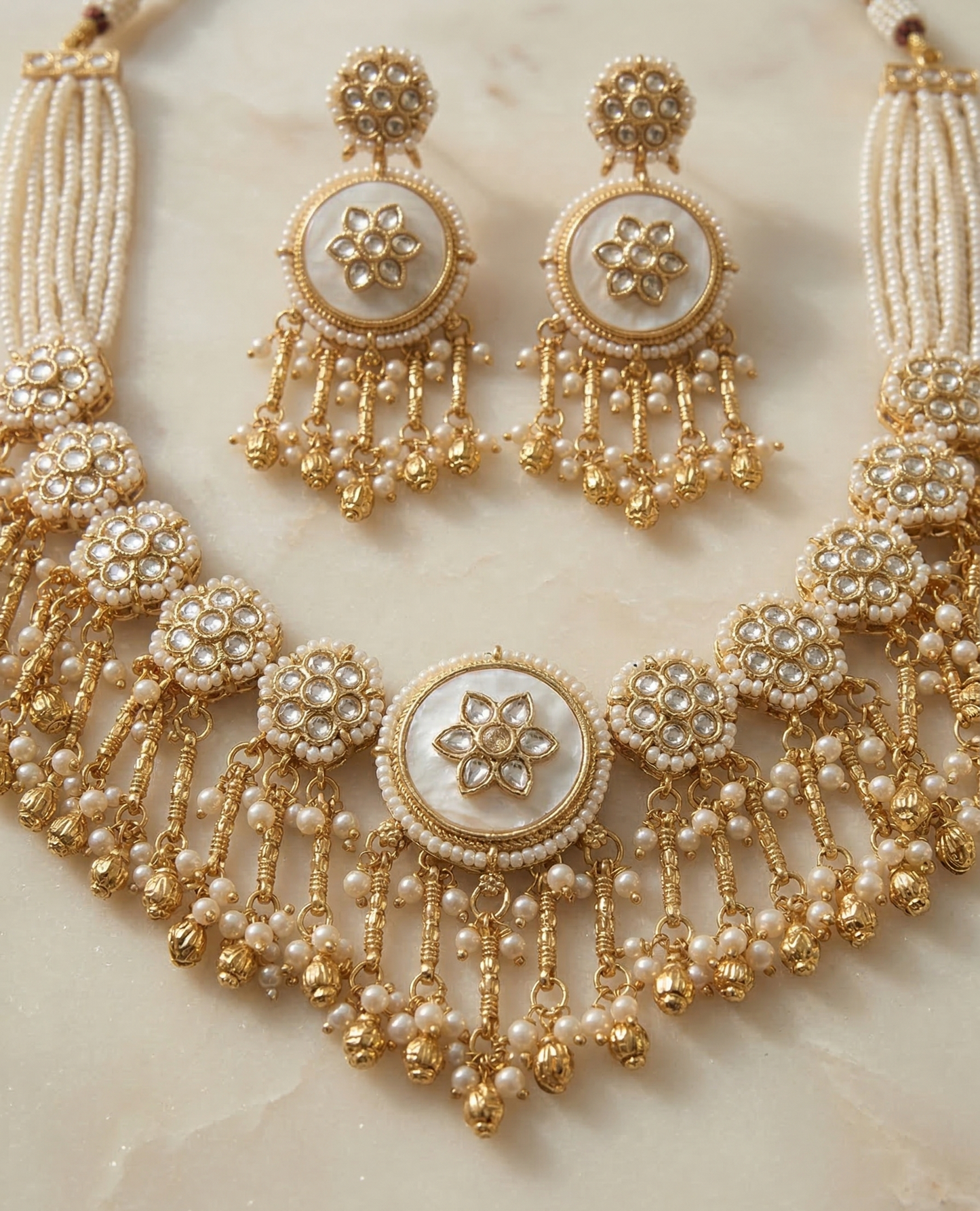Handcrafted Pearl & Kundan Heritage Choker Set with Floral Mother-of-Pearl Centerpiece