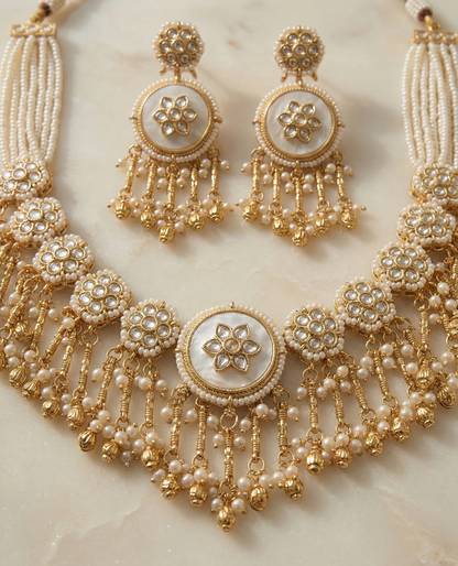 Handcrafted Pearl & Kundan Heritage Choker Set with Floral Mother-of-Pearl Centerpiece