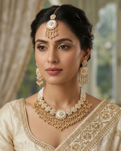 Handcrafted Pearl & Kundan Heritage Choker Set with Floral Mother-of-Pearl Centerpiece