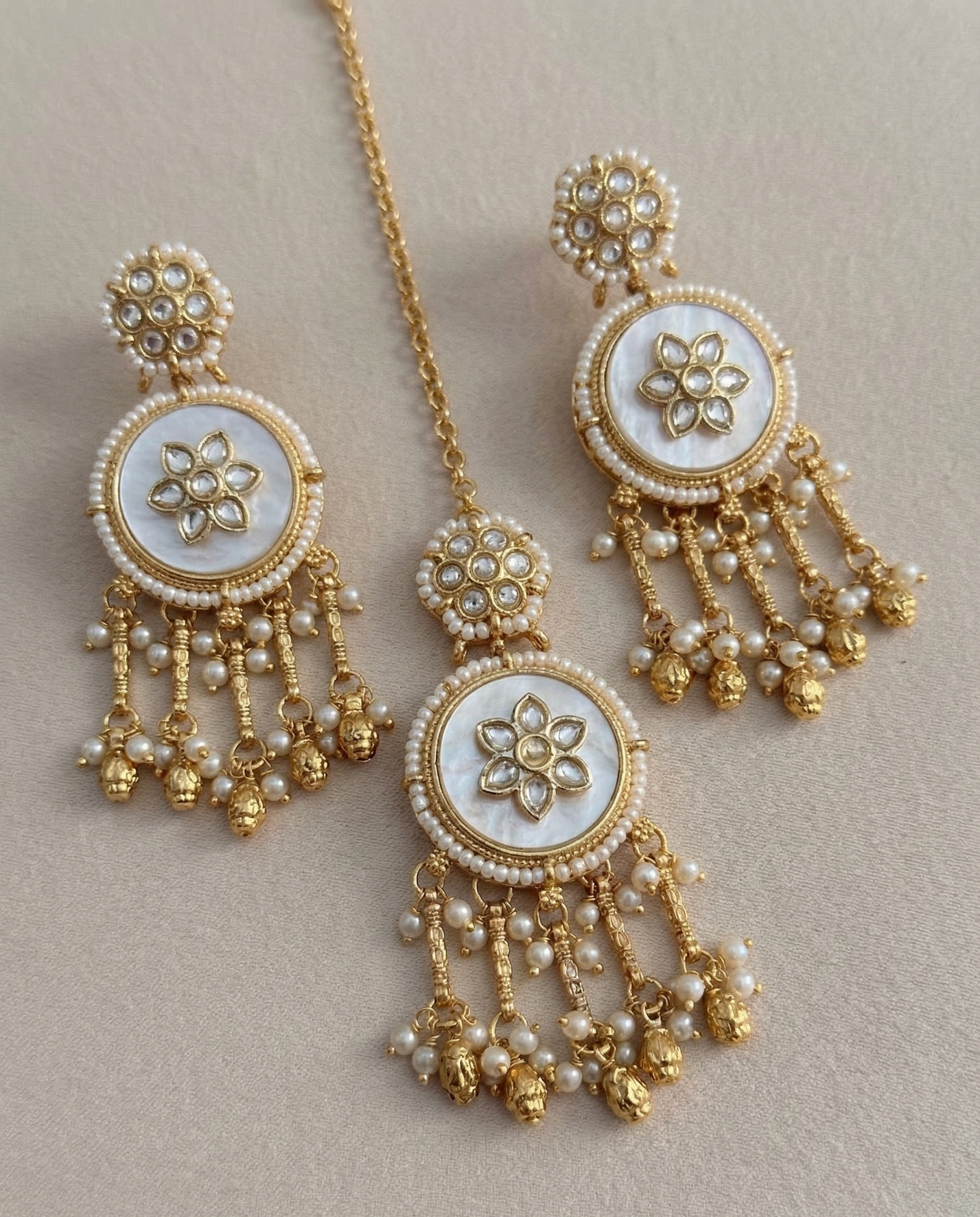 Handcrafted Pearl & Kundan Heritage Choker Set with Floral Mother-of-Pearl Centerpiece