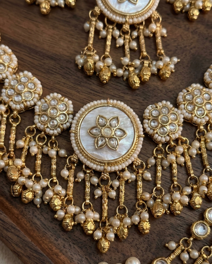 Handcrafted Pearl & Kundan Heritage Choker Set with Floral Mother-of-Pearl Centerpiece
