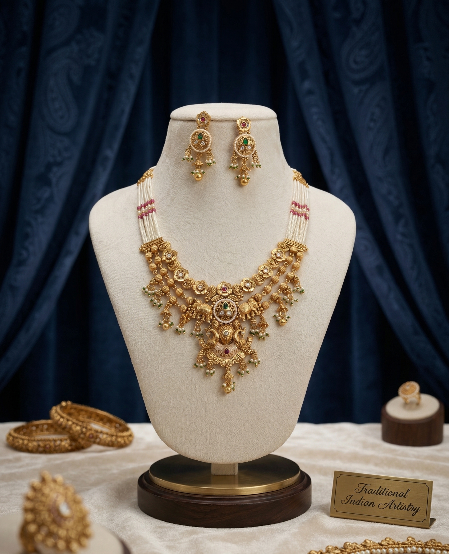 Heritage Gilded Elephant & Peacock Temple Necklace Set with Pearl Mala Strands