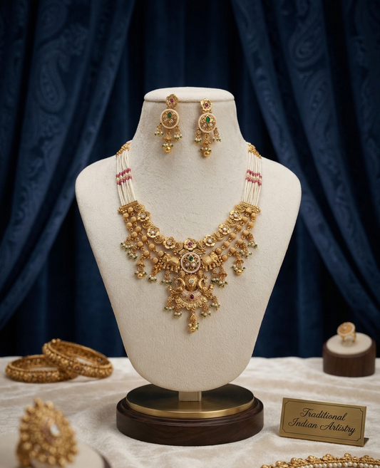 Heritage Gilded Elephant & Peacock Temple Necklace Set with Pearl Mala Strands