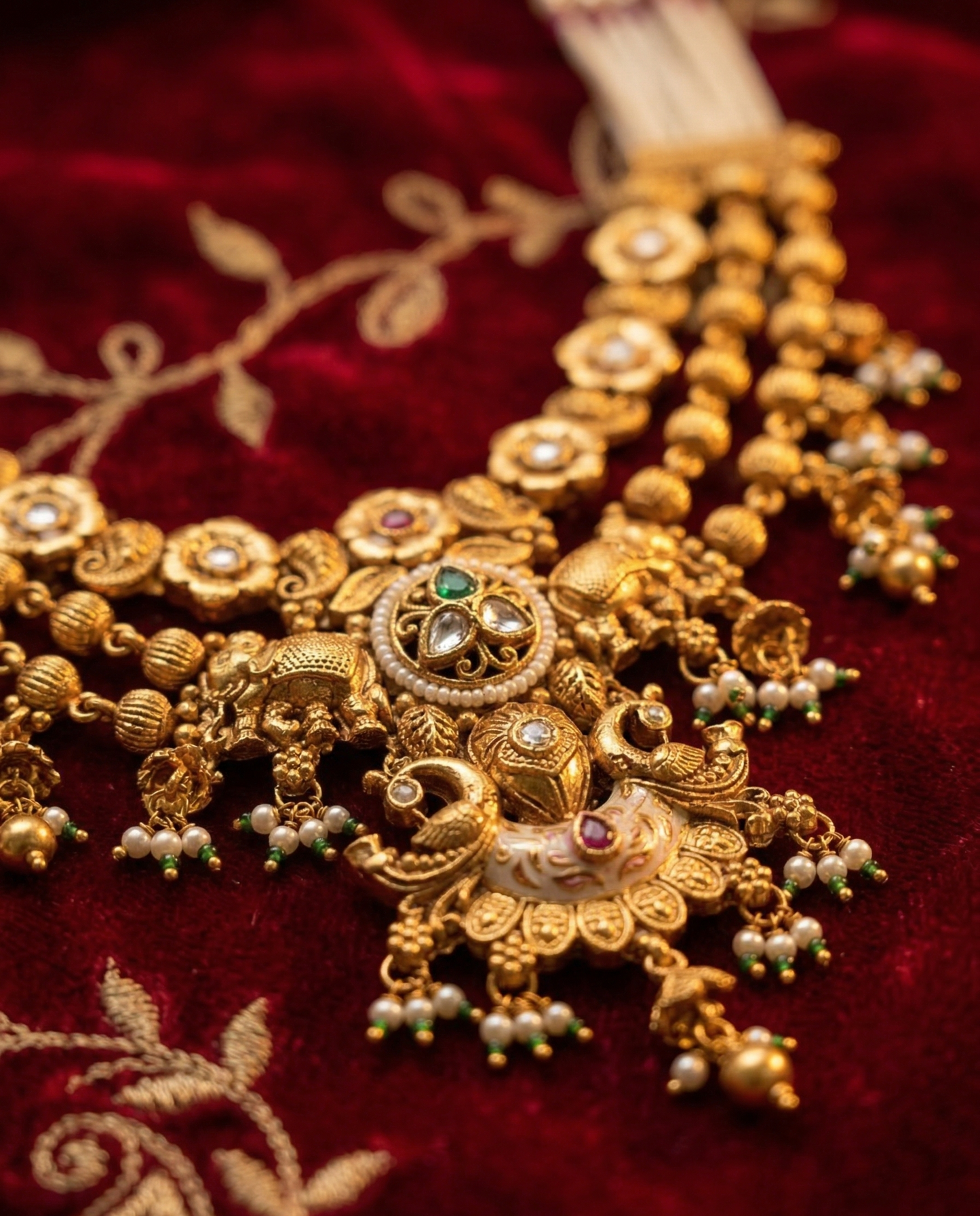 Heritage Gilded Elephant & Peacock Temple Necklace Set with Pearl Mala Strands