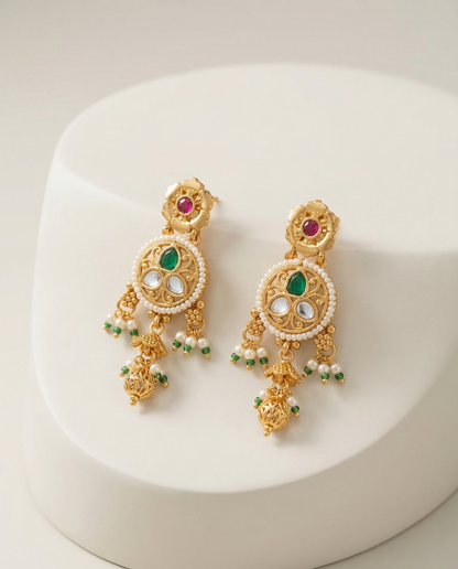 Heritage Gilded Elephant & Peacock Temple Necklace Set with Pearl Mala Strands