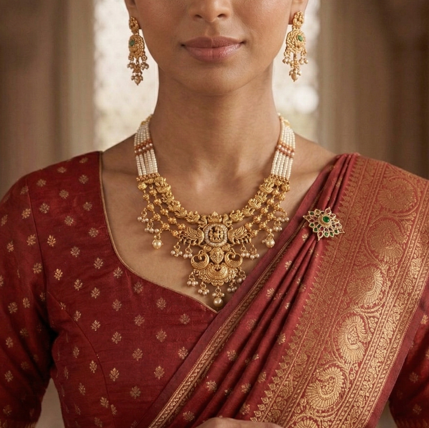 Heritage Gilded Elephant & Peacock Temple Necklace Set with Pearl Mala Strands
