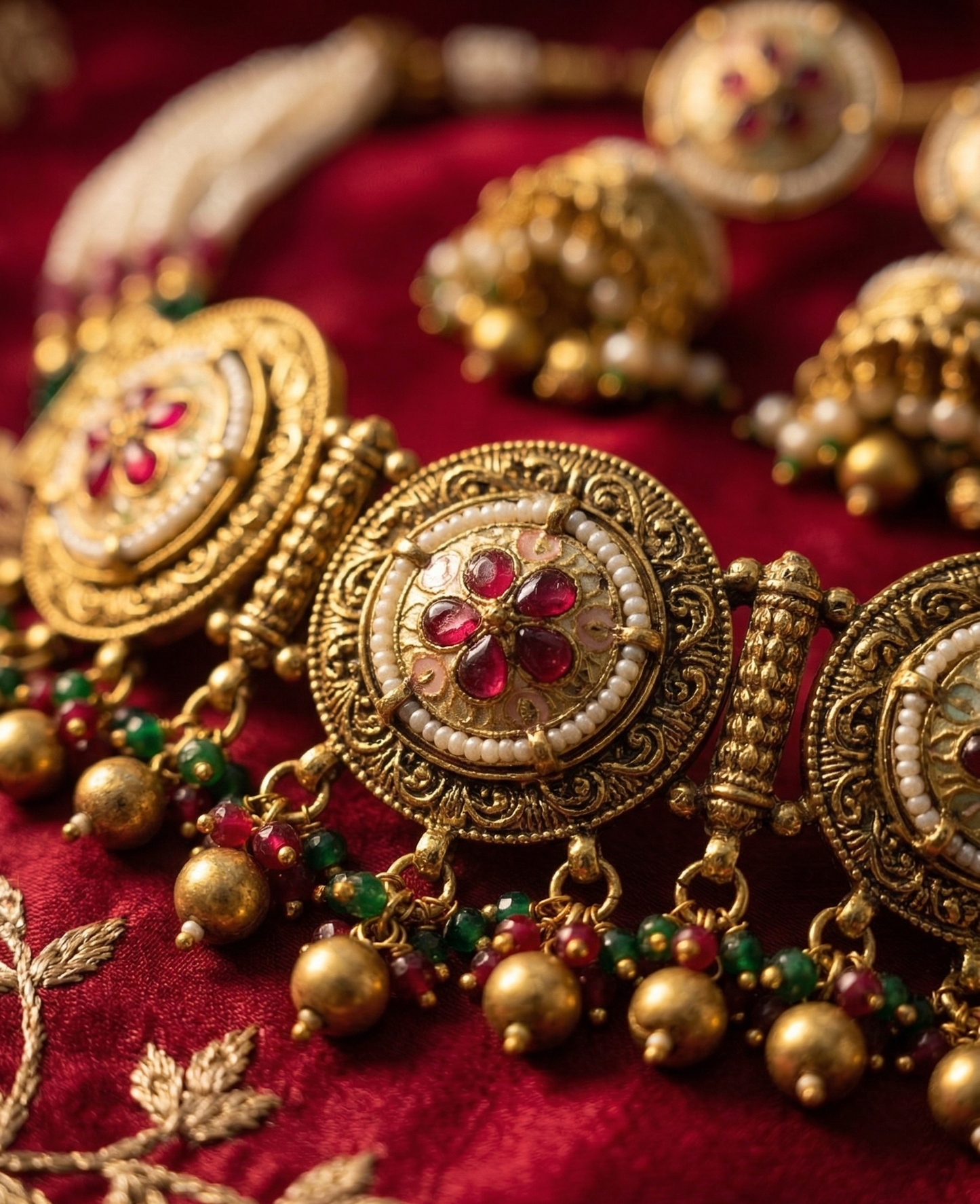 Regal Antique Gold-Plated Choker Set with Ruby Stones and Pearl Accents