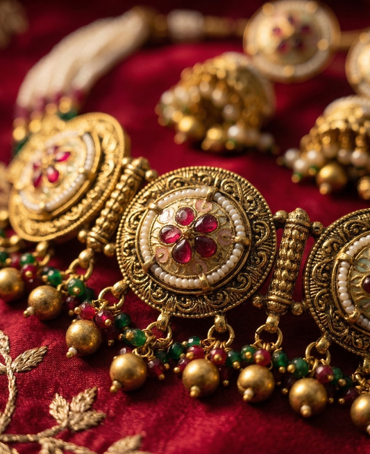 Regal Antique Gold-Plated Choker Set with Ruby Stones and Pearl Accents