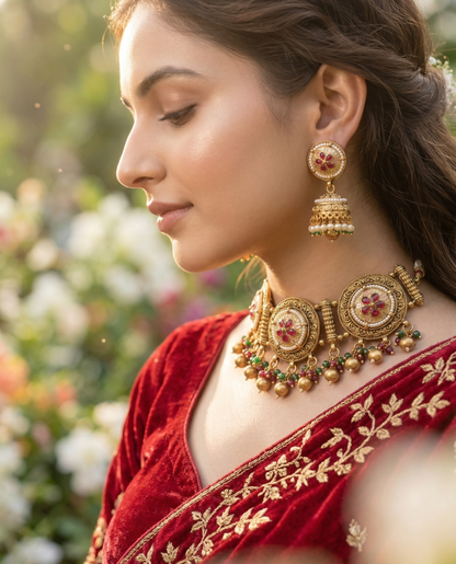 Regal Antique Gold-Plated Choker Set with Ruby Stones and Pearl Accents