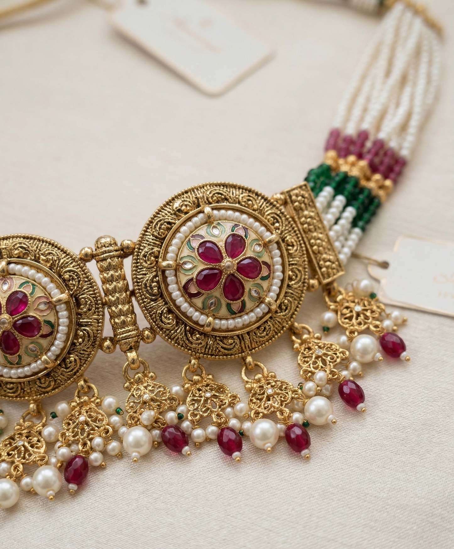 Regal Antique Gold-Plated Choker Set with Ruby Stones and Pearl Accents