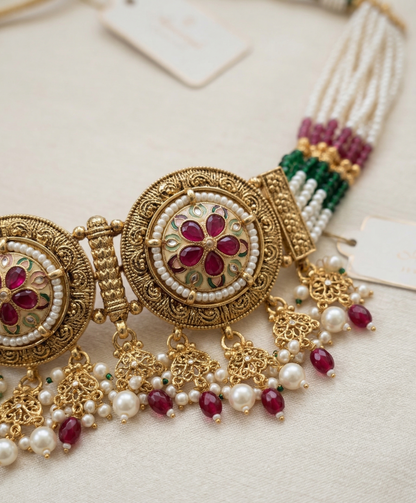 Regal Antique Gold-Plated Choker Set with Ruby Stones and Pearl Accents
