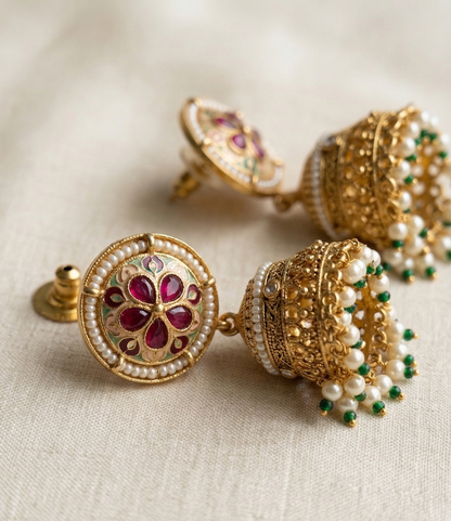Regal Antique Gold-Plated Choker Set with Ruby Stones and Pearl Accents