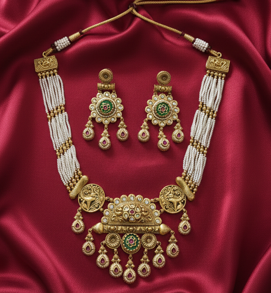 Heritage Antique Gold Pearl Choker Necklace Set with Meenakari Detailing