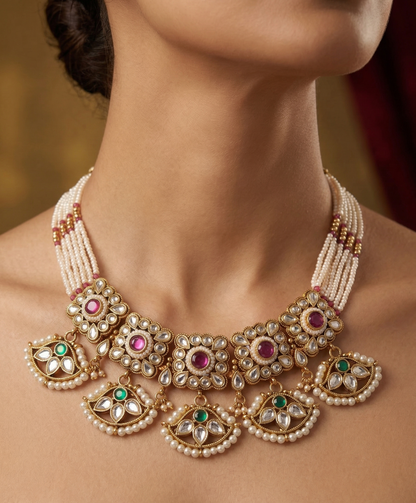 Heritage Pearl & Kundan Choker Set with Multi-Stone Accents and Matching Dangles