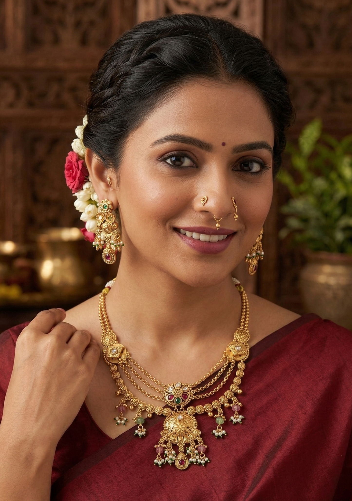Viraat Heritage Layered Necklace Set – Antique Gold Finish with Temple Motifs & Pastel Beads