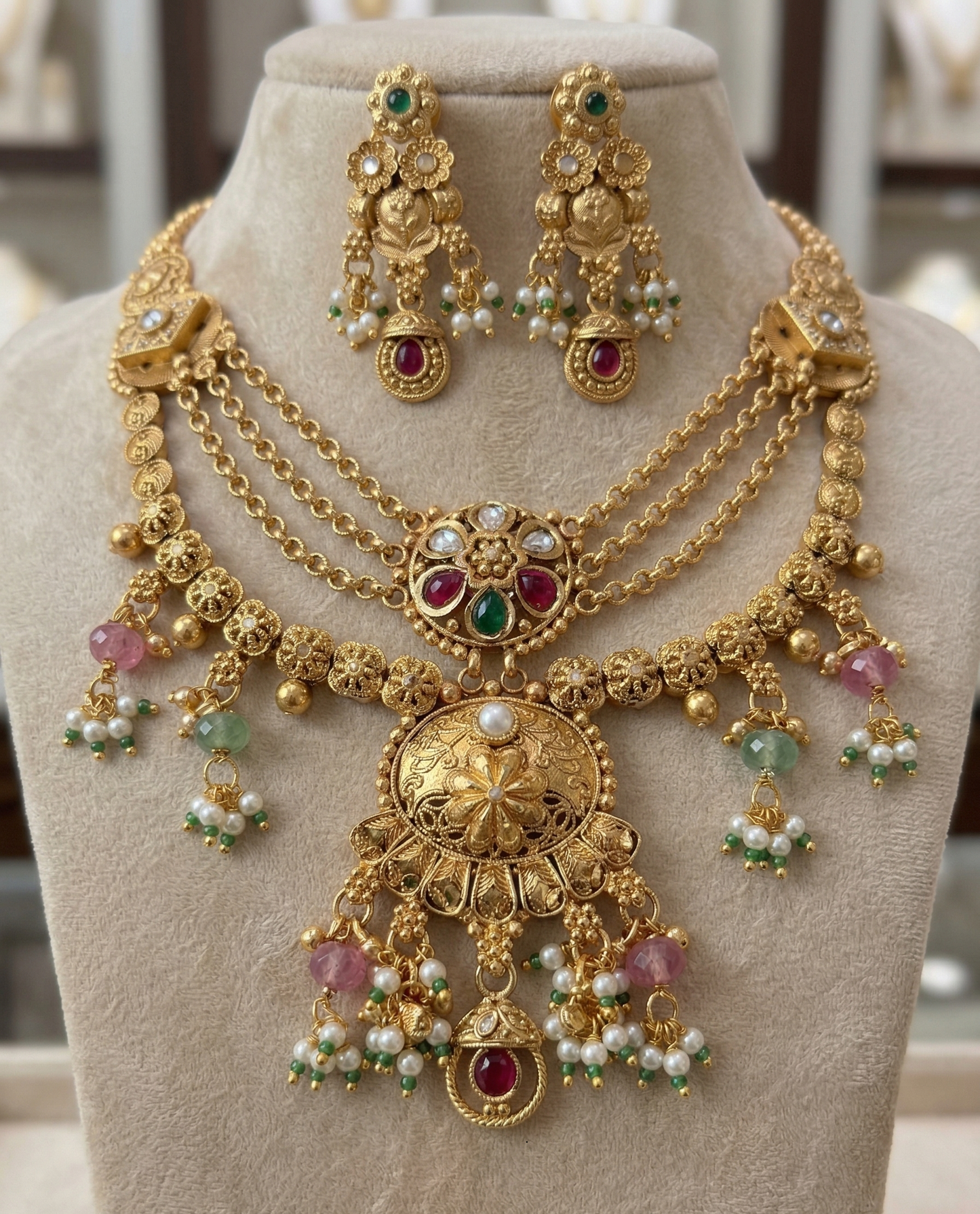 Viraat Heritage Layered Necklace Set – Antique Gold Finish with Temple Motifs & Pastel Beads