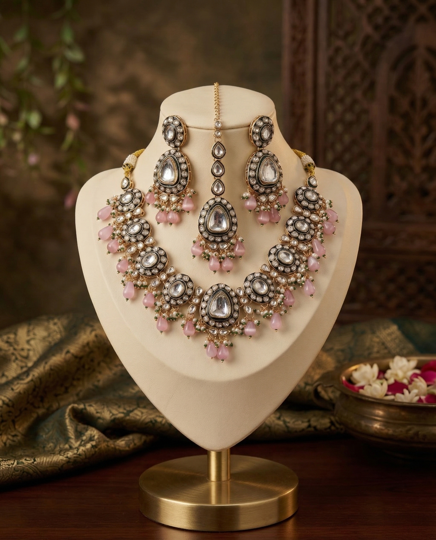 Exquisite Green Meenakari & Pink Bead Kundan Necklace Set with Maang Tikka | Traditional Bridal Polki Jewellery