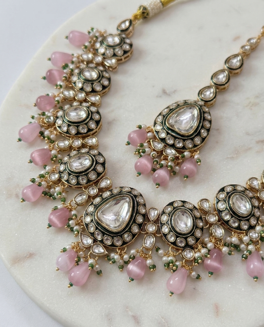 Exquisite Green Meenakari & Pink Bead Kundan Necklace Set with Maang Tikka | Traditional Bridal Polki Jewellery