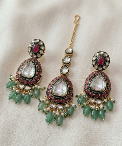 Exquisite Green Meenakari & Pink Bead Kundan Necklace Set with Maang Tikka | Traditional Bridal Polki Jewellery