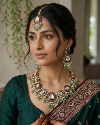 Exquisite Green Meenakari & Pink Bead Kundan Necklace Set with Maang Tikka | Traditional Bridal Polki Jewellery