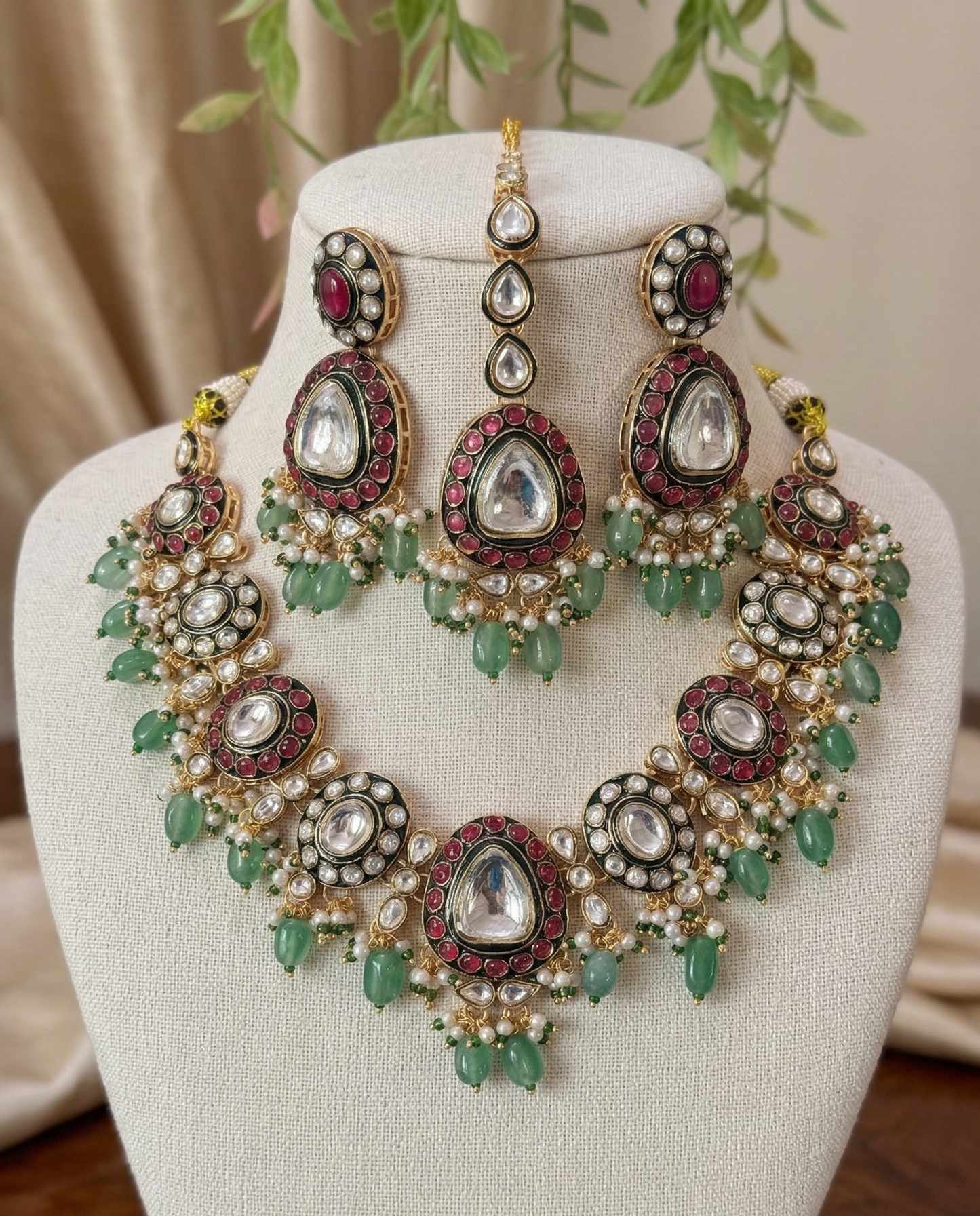 Exquisite Green Meenakari & Pink Bead Kundan Necklace Set with Maang Tikka | Traditional Bridal Polki Jewellery