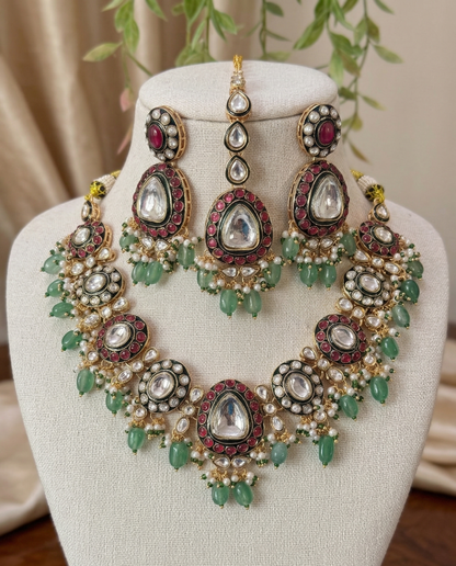 Exquisite Green Meenakari & Pink Bead Kundan Necklace Set with Maang Tikka | Traditional Bridal Polki Jewellery