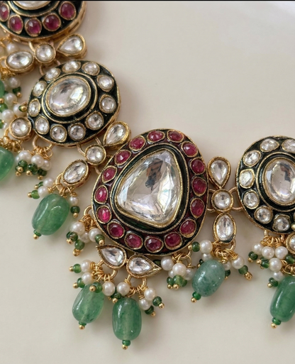 Exquisite Green Meenakari & Pink Bead Kundan Necklace Set with Maang Tikka | Traditional Bridal Polki Jewellery