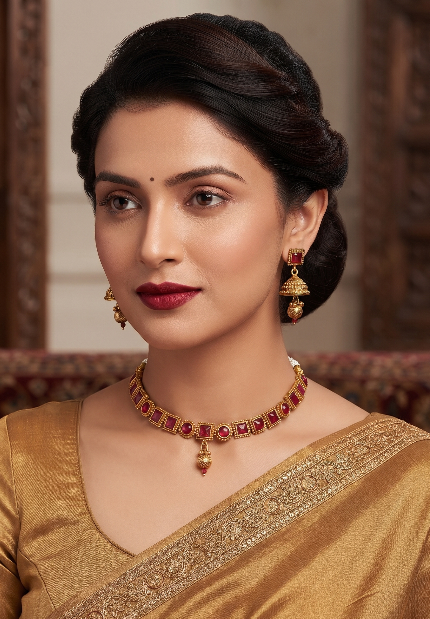 Ruby Red Stone Studded Gold-Plated Choker Necklace Set with Matching Jhumki Earrings