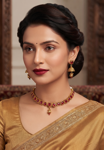 Ruby Red Stone Studded Gold-Plated Choker Necklace Set with Matching Jhumki Earrings