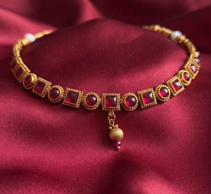 Ruby Red Stone Studded Gold-Plated Choker Necklace Set with Matching Jhumki Earrings
